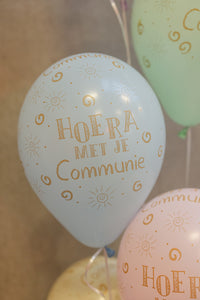 Latex ballon 5 stuks "Hoera Met Je Communie" - pastelblauw