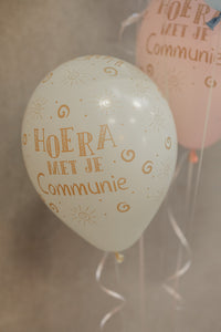 Latex ballon 5 stuks "Hoera Met Je Communie" - pastelgeel