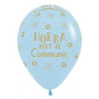 Latex ballon 5 stuks "Hoera Met Je Communie" - pastelblauw